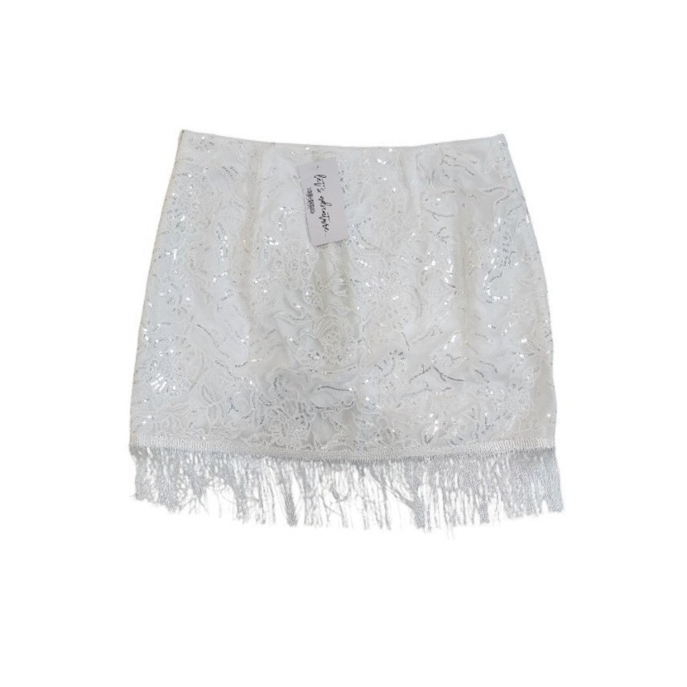 12th Tribe White Sequin Fringe Mini Skirt | Festival Party | Size S